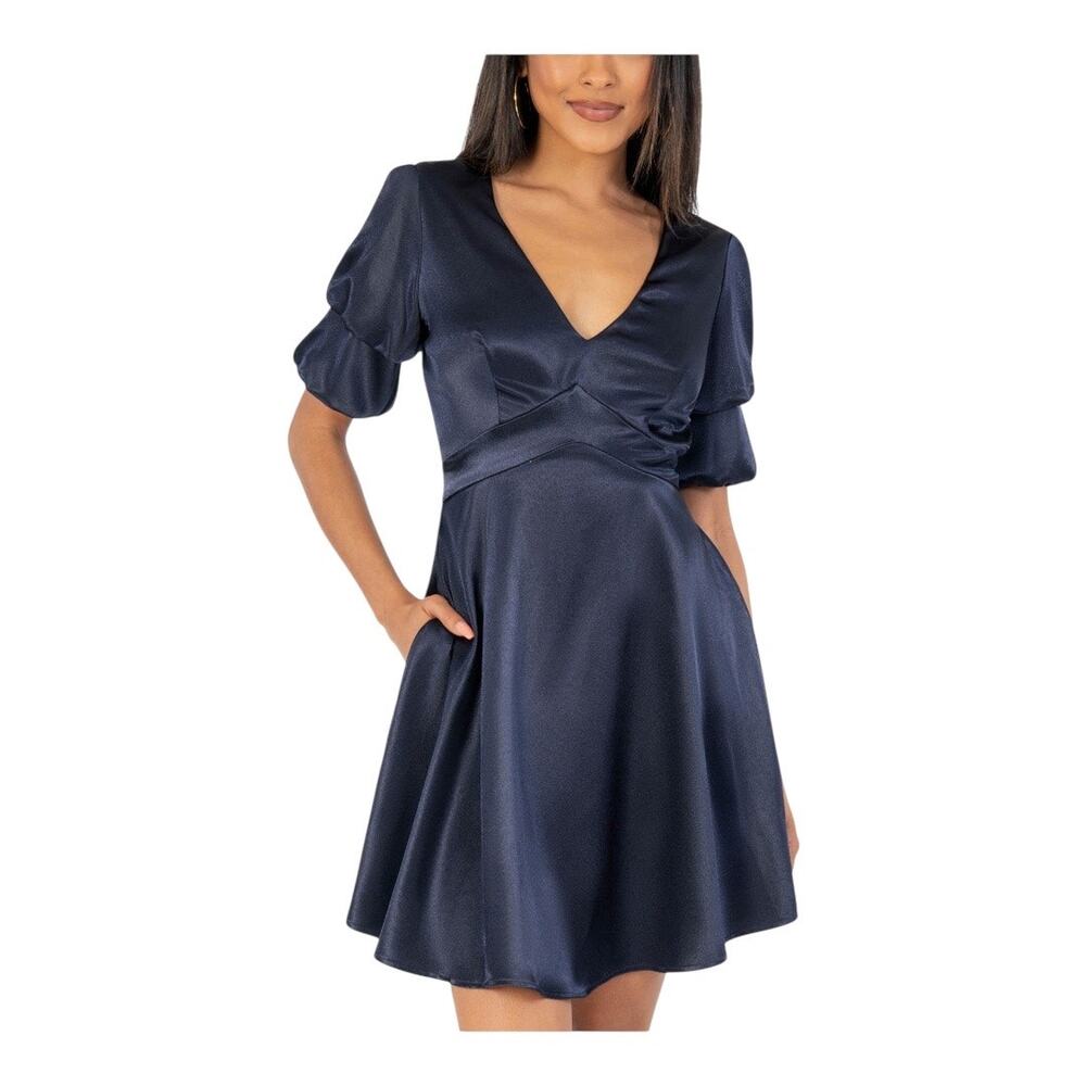 STUNNING Midnight Blue Satin V-Neck Puff Sleeve Mini Dress with Pockets 0 / XS